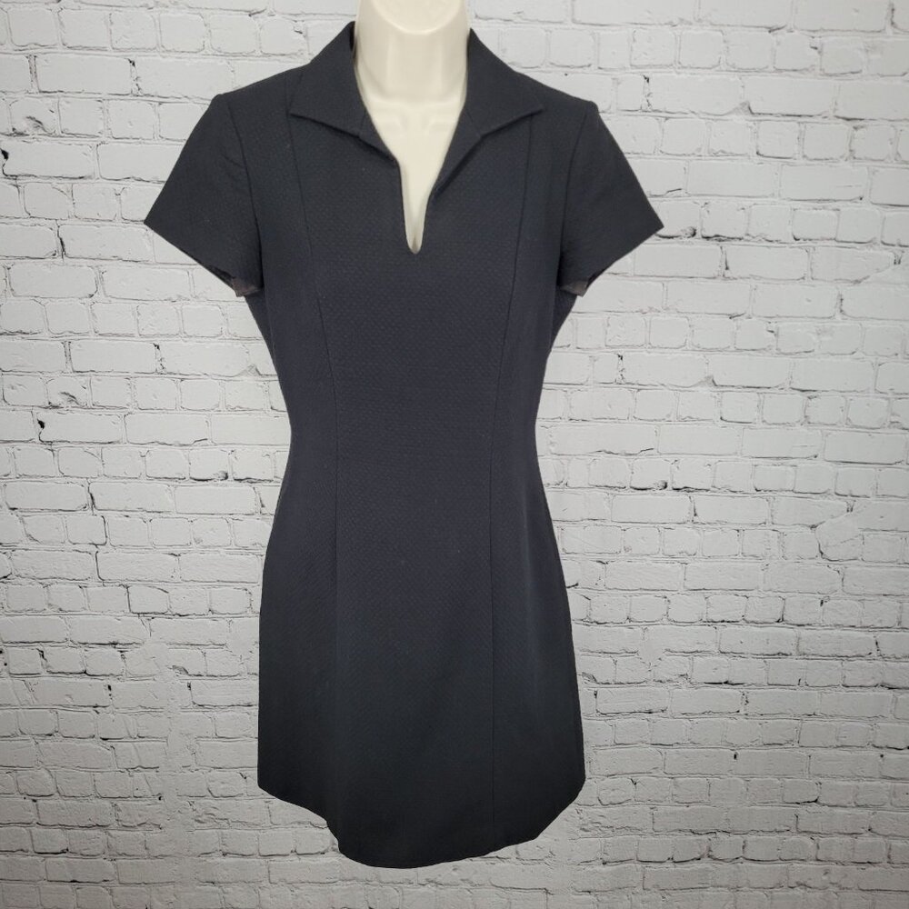 Kenar Black Quilted Cotton Collared V Neck Lined Sheath Dress USA Made Size 4